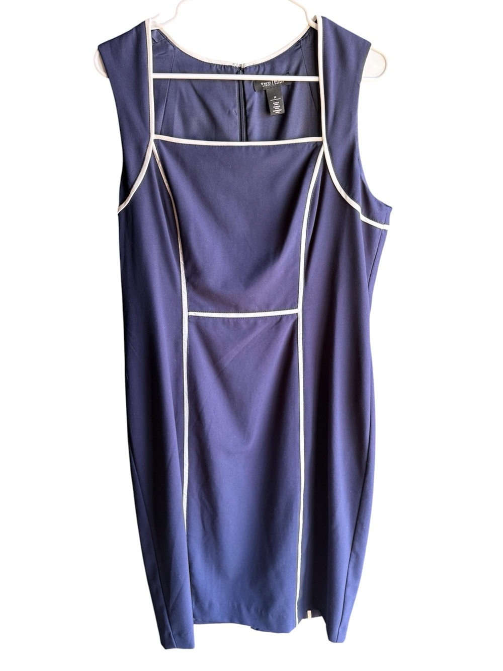 White House Black Market sleeveless sheath dress in officer blue with white trim